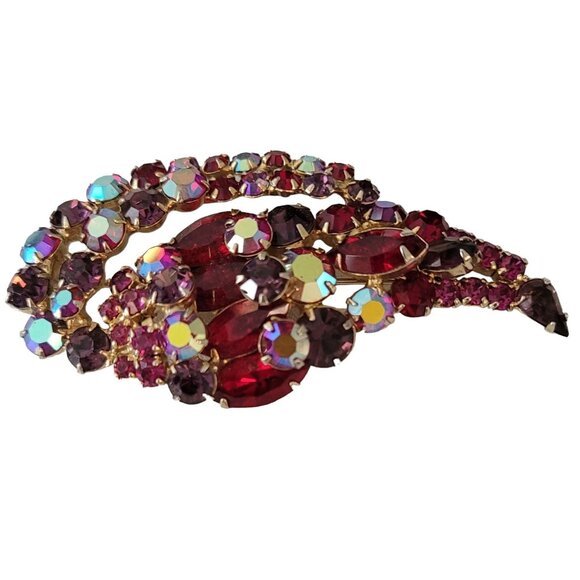 Prong Set Red, AB Rhinestone Paisley, Leaf Cluster Brooch Pin E538